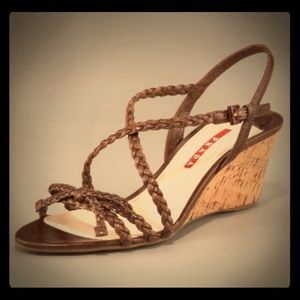 Prada Braided Brown Leather Cork Wedge Sandal